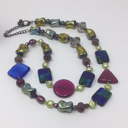 Iridescent Art Glass, Freshwater Pearls Necklace Artist Original