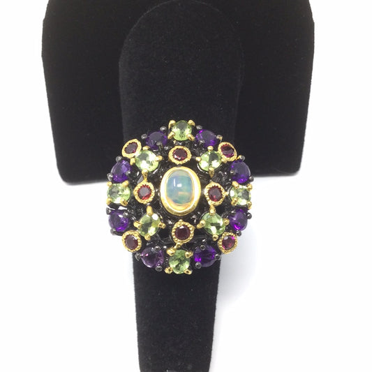 Genuine Fiery Opal, Amethysts, Garnets & Peridot Ring