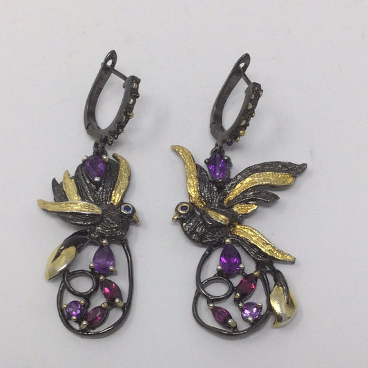 Precious Amethyst & Garnet Bird Earrings