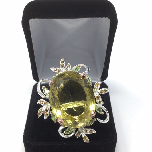 Huge Genuine Lemon Quartz with Peridot Ring