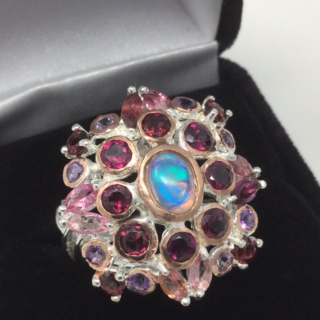 Genuine Opal, Tourmaline & Garnet Ring