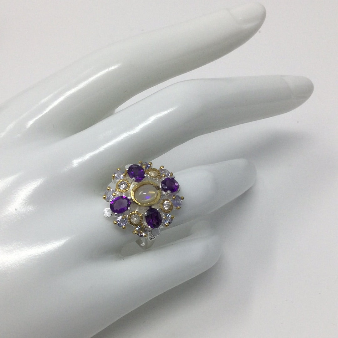 Genuine Opal, Tanzanite & Amethyst Ring