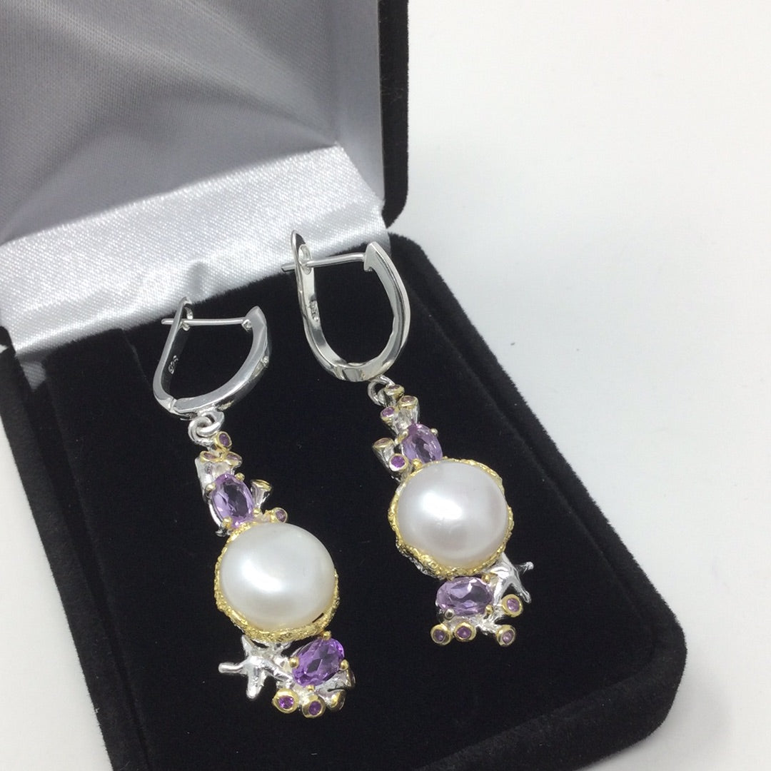 Genuine Pearl & Amethyst Earrings