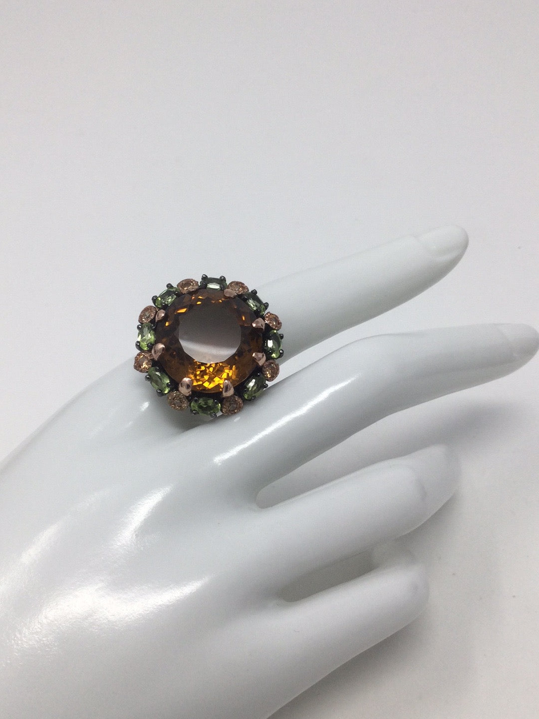 Genuine Cognac Quartz & Peridot Ring