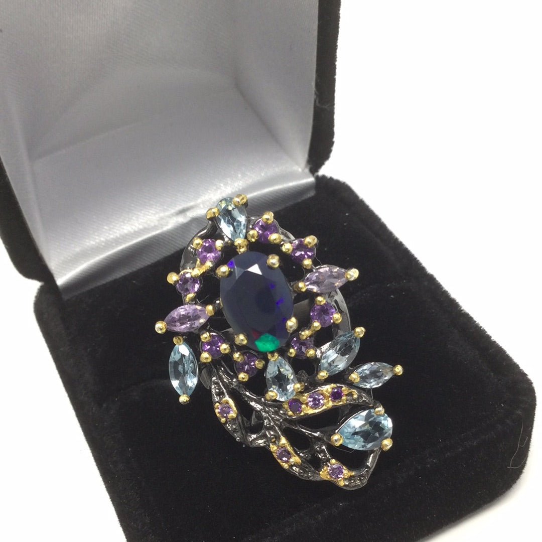 Genuine Black Opal with Topaz & Amethysts & Amethyst