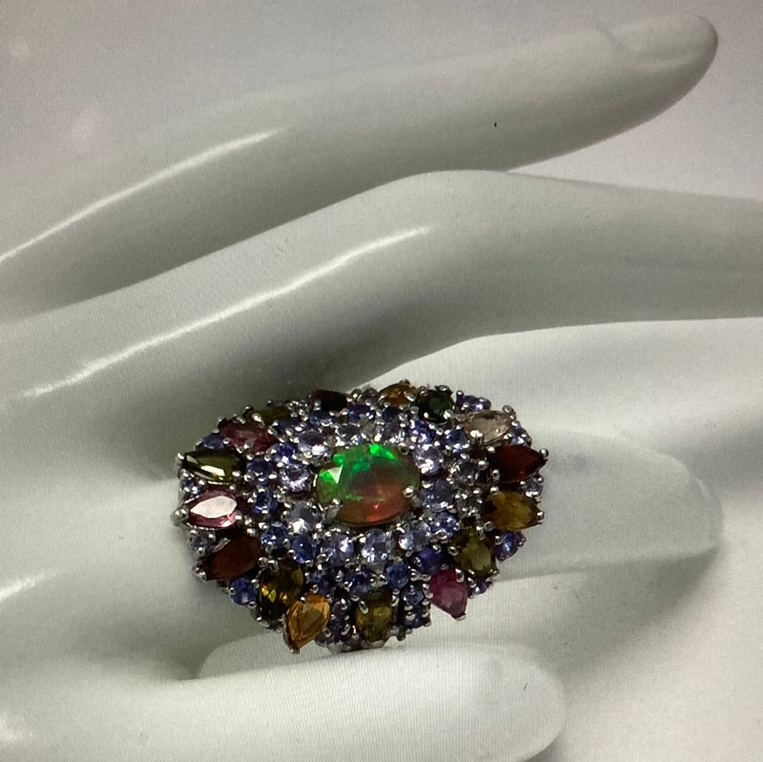 Genuine Faceted Fiery Natural Opal with Tanzanite & Tourmalines Ring