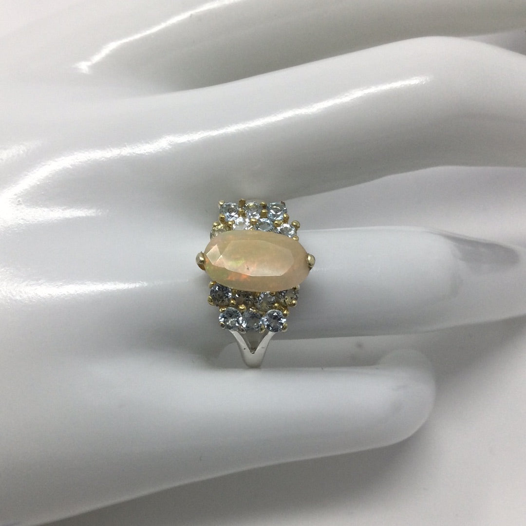 Faceted Fiery Opal and Topaz Ring