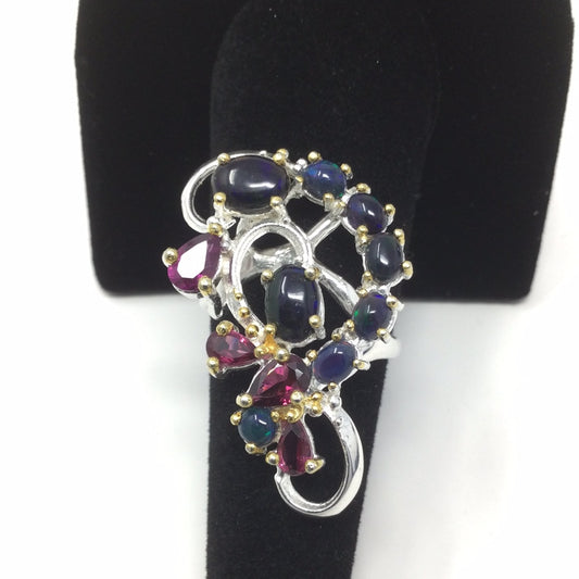 Bejeweled Black Opals & Garnet Ring