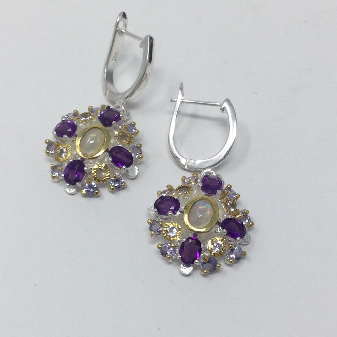 Genuine Opal, Tanzanite & Amethyst Earrings