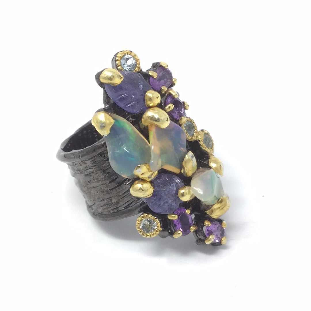 Genuine Fiery Opals, Tanzanite & Amethyst Ring