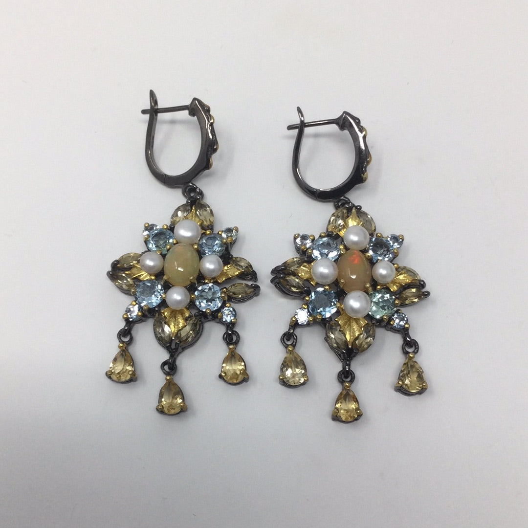 Genuine Fiery Opals, Topaz, Citrines & Pearls Earrings