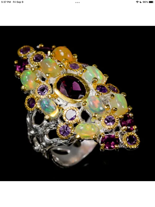 Glorious Bejeweled Garnet & Opal Bejeweled Ring