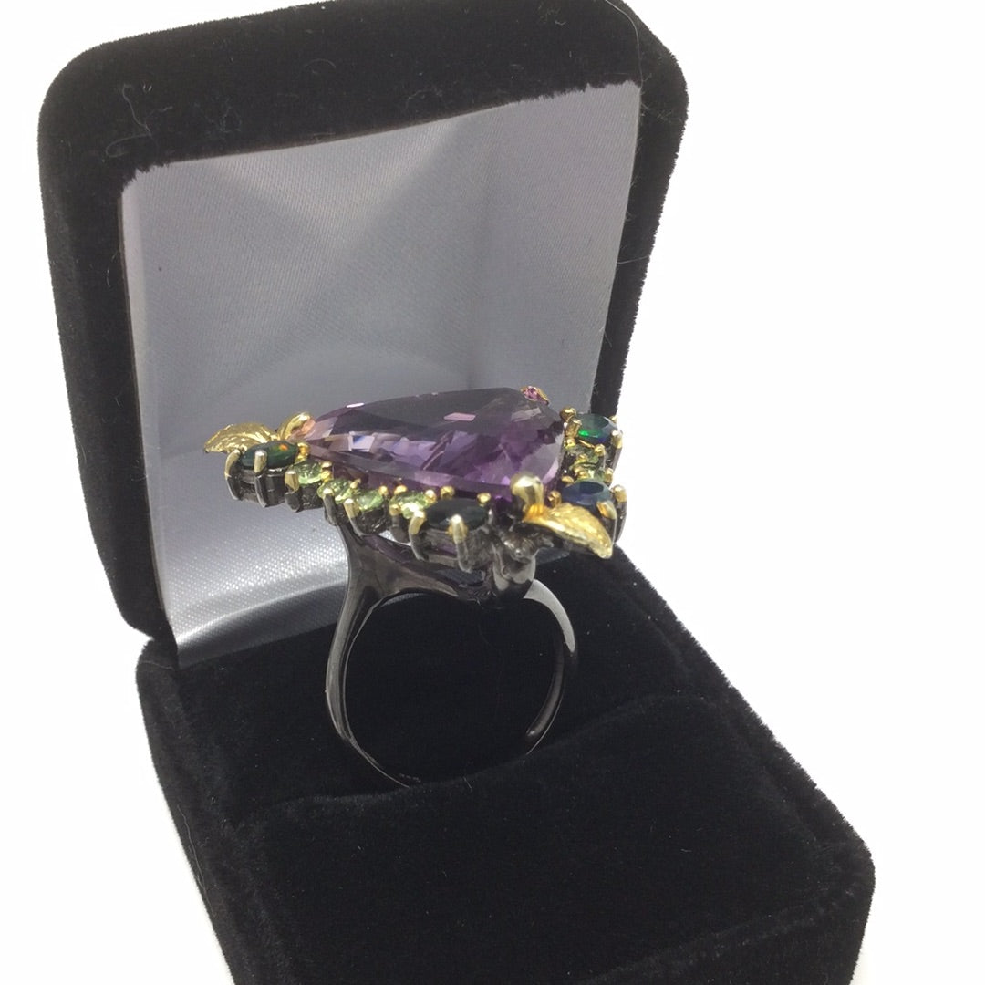 Genuine Amethyst & Black Opal Trillion Cut Ring