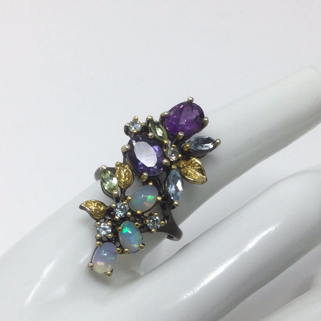 Exceptional Genuine Amethyst, Iolite, Opals & Gemstones Ring