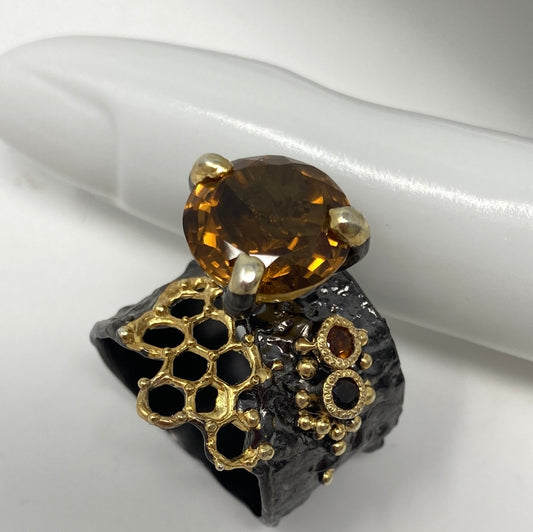 Genuine Cognac Quartz & Garnet Ring