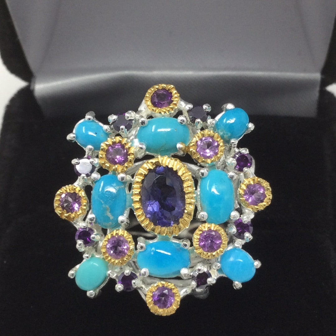 Special Unique Iolite & Turquoise Ring