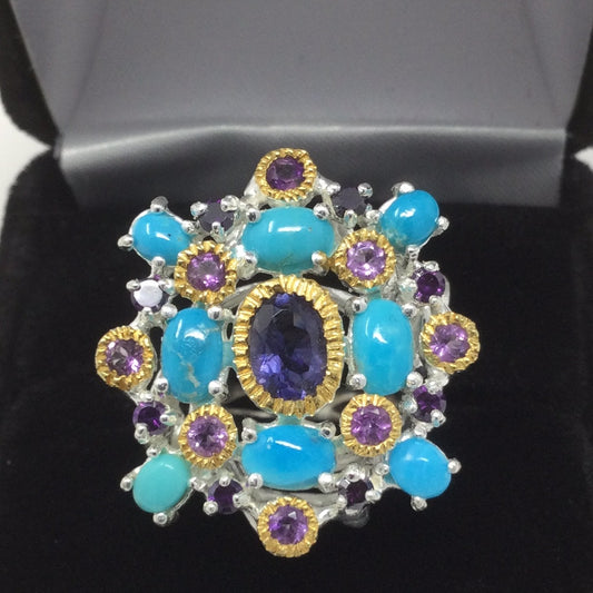 Special Unique Iolite & Turquoise Ring