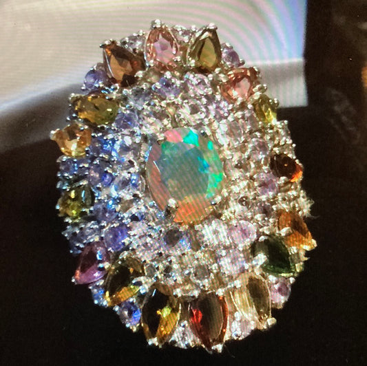 Genuine Faceted Fiery Natural Opal with Tanzanite & Tourmalines Ring