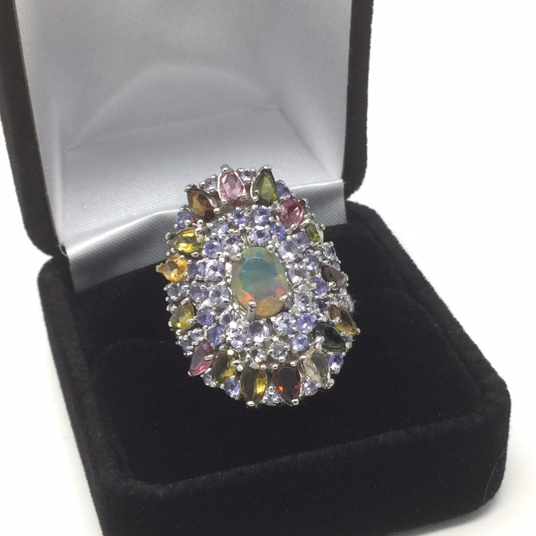 Genuine Faceted Fiery Natural Opal with Tanzanite & Tourmalines Ring