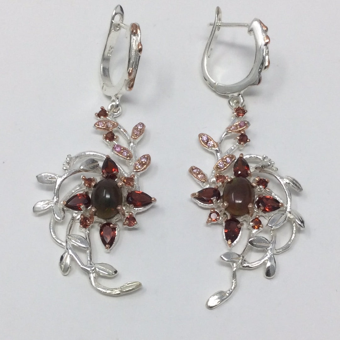 Genuine Black Opals & Garnet Earrings