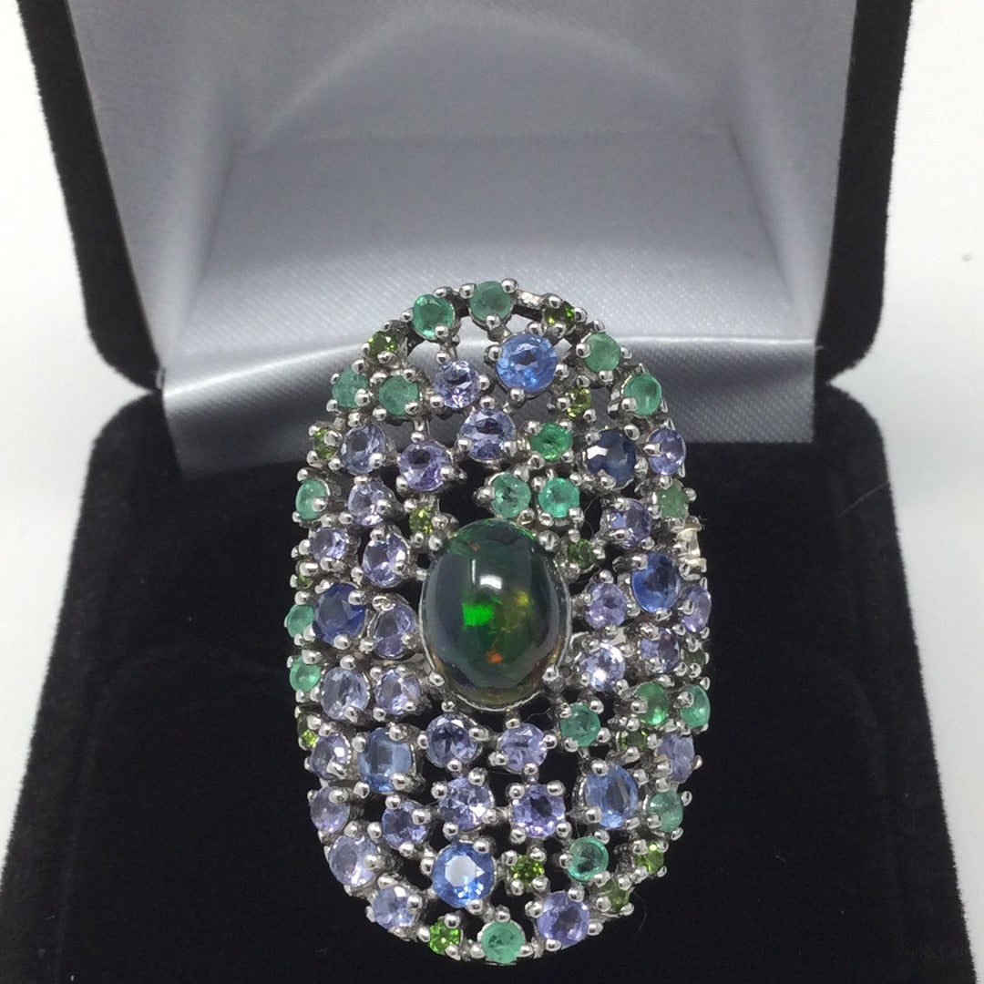 Rare Genuine Black Opal, Tanzanite & Emerald   Ring