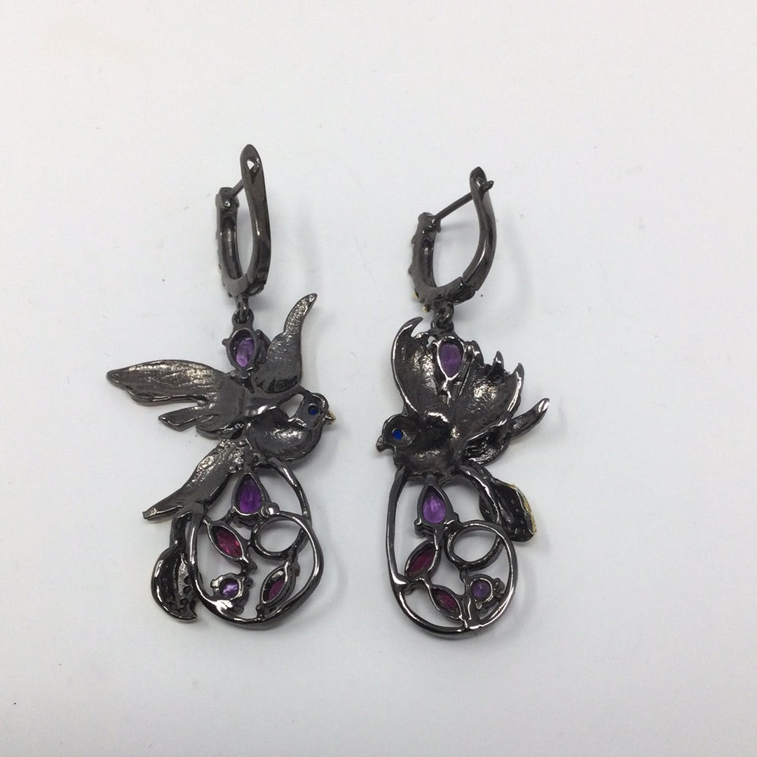 Precious Amethyst & Garnet Bird Earrings