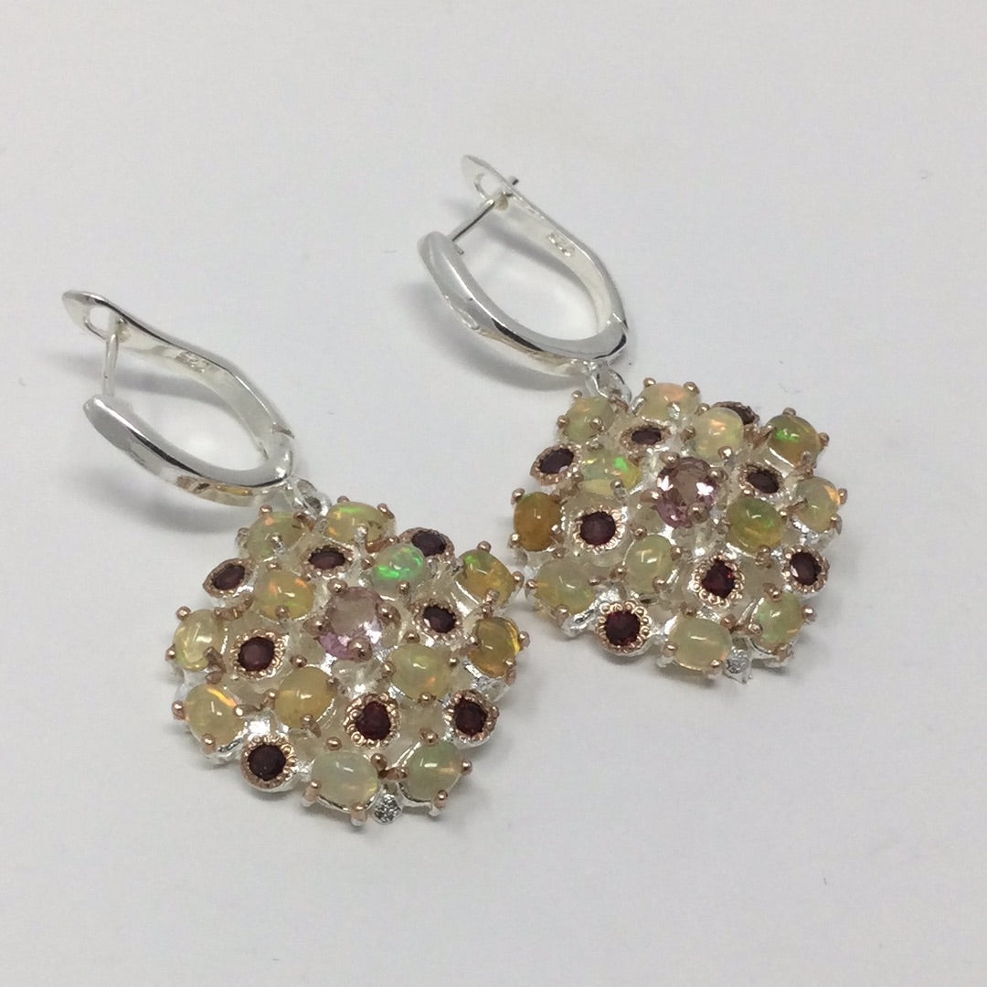 Genuine Pink Tourmaline, Opals & Garnet Earrings