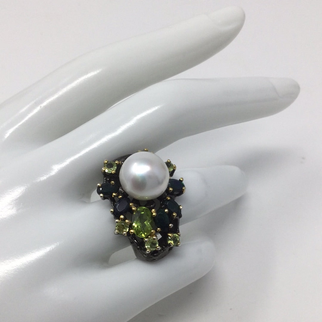 Intriguing Genuine Pearl, Black Opal Ring