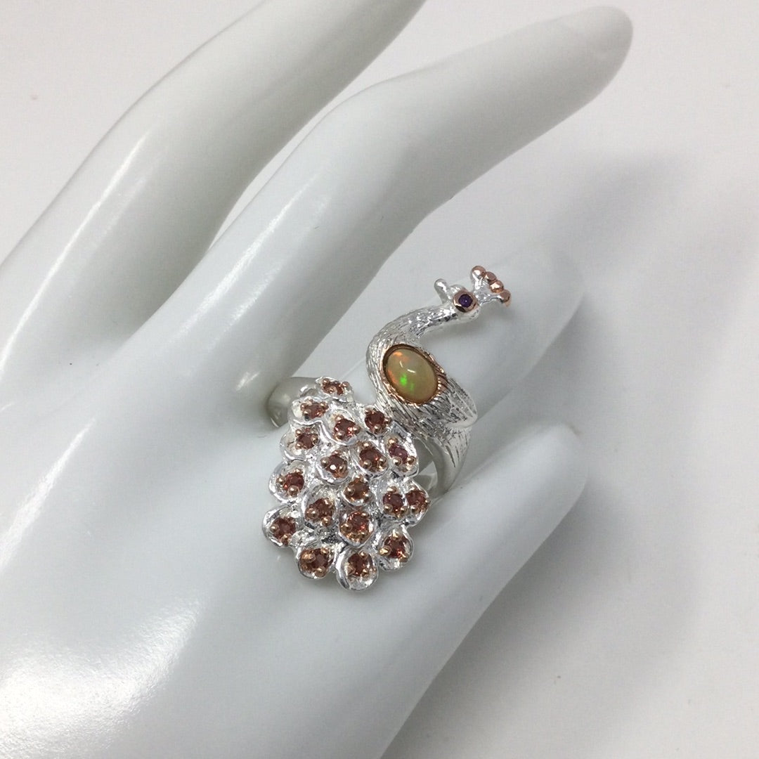 Endearing Genuine Opal & Garnet Peacock Ring