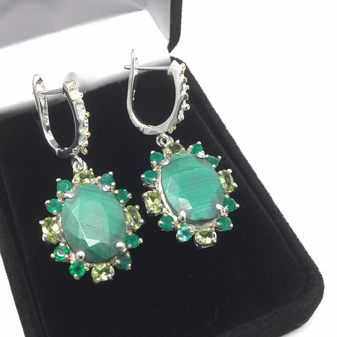 Genuine Malachite, Onyx & Peridot Earrings