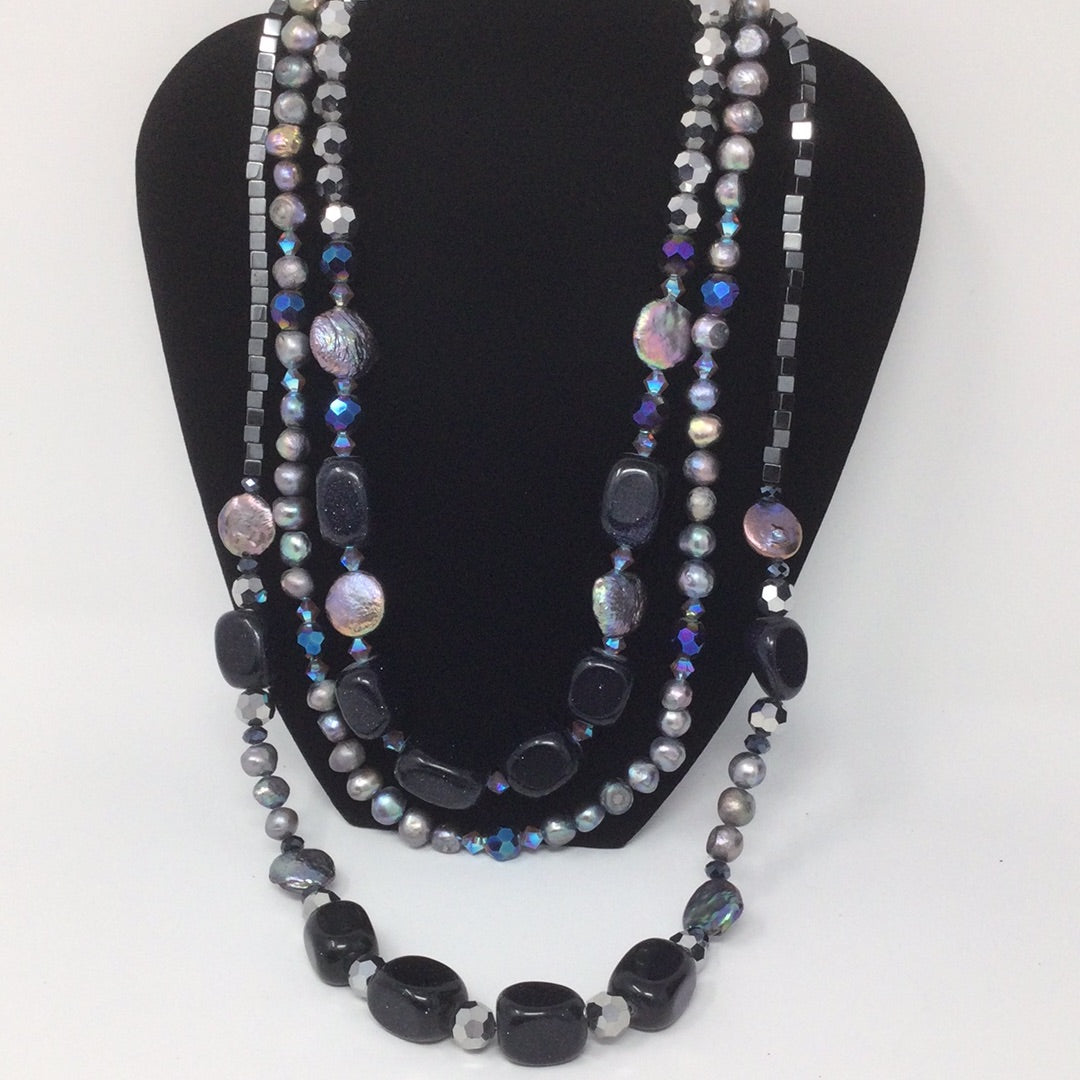 Starry Night Blue Goldstone & Freshwater Pearl Necklace | Handmade Artist Orginal