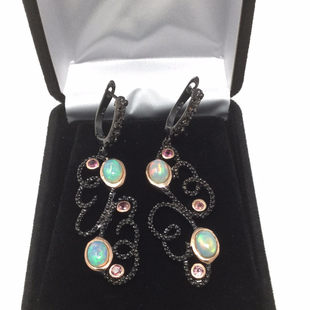 Genuine Fiery Opal & Pink Tourmaline Earrings