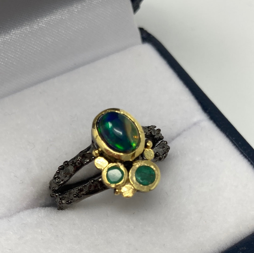 Genuine Black Opal & Emerald Ring