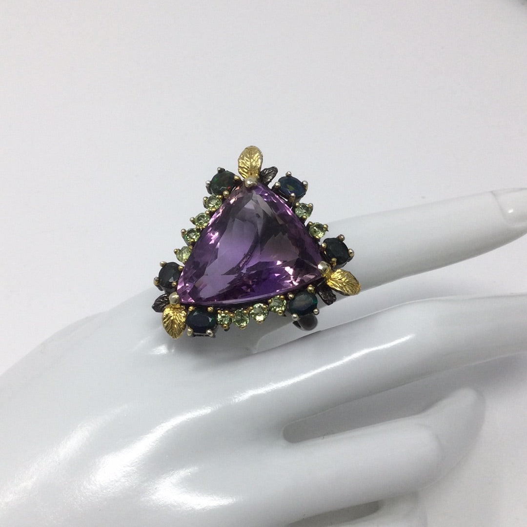 Genuine Amethyst & Black Opal Trillion Cut Ring