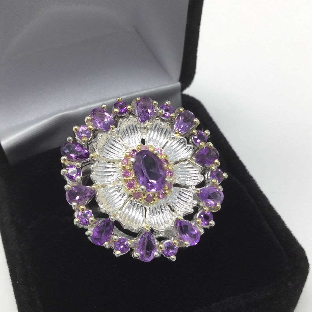 Genuine Amethyst & Pink Tourmaline Ring