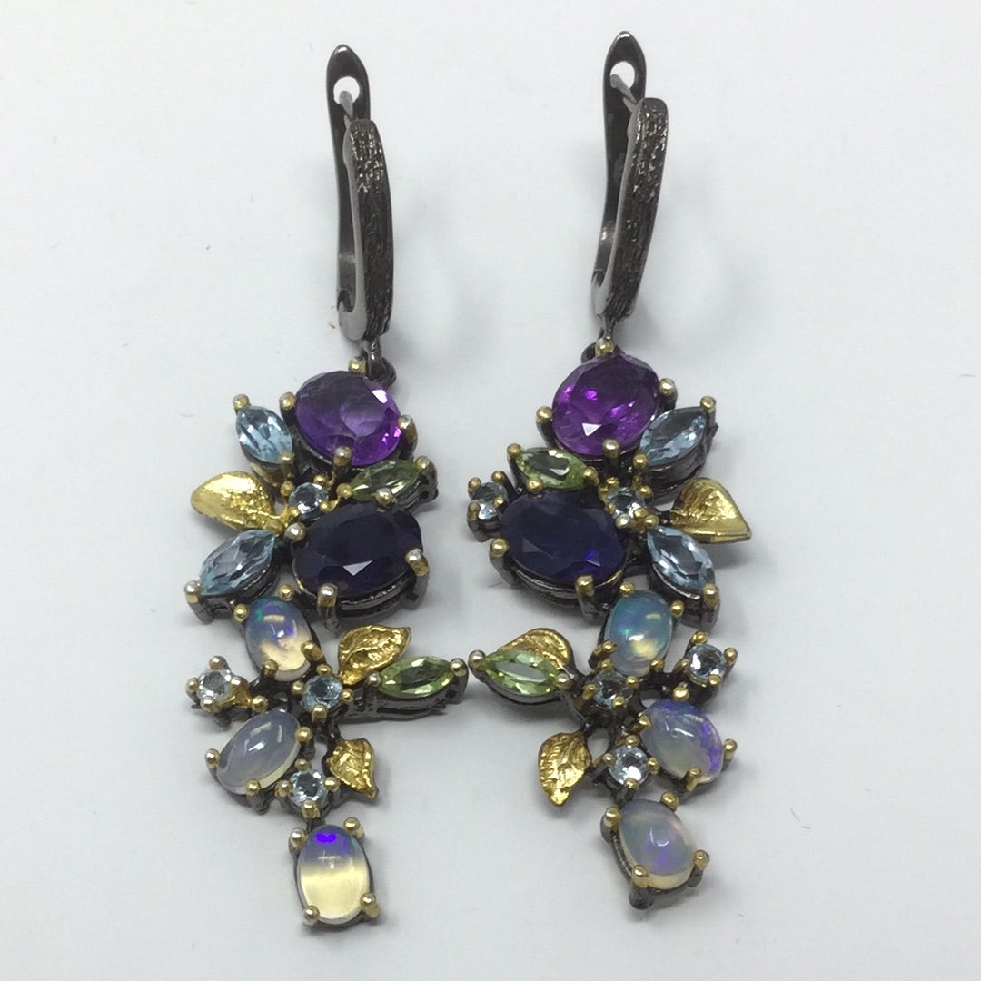 Genuine Amethyst, Iolite & Opal Earrings