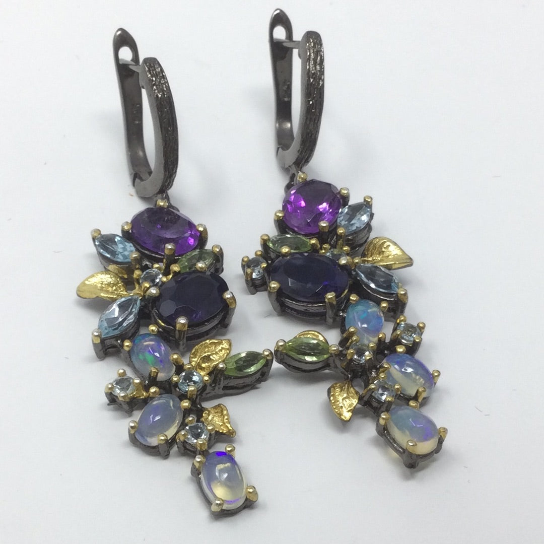 Genuine Amethyst, Iolite & Opal Earrings