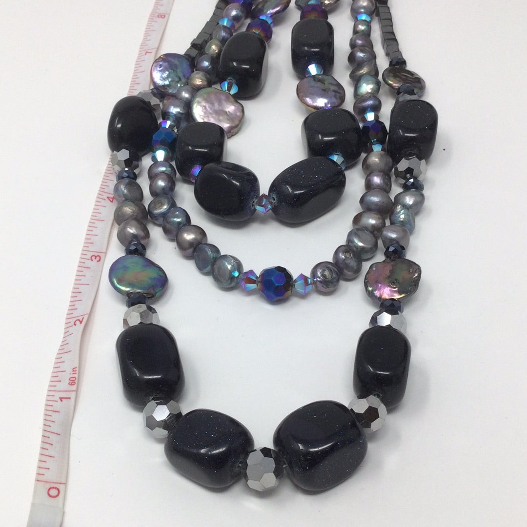 Starry Night Blue Goldstone & Freshwater Pearl Necklace | Handmade Artist Orginal