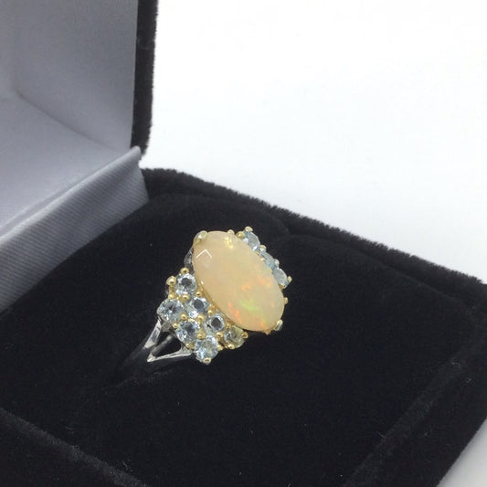 Faceted Fiery Opal and Topaz Ring