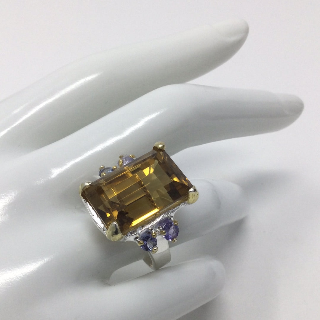 Titillating 30 CTW Genuine Citrine & Tanzanite Ring