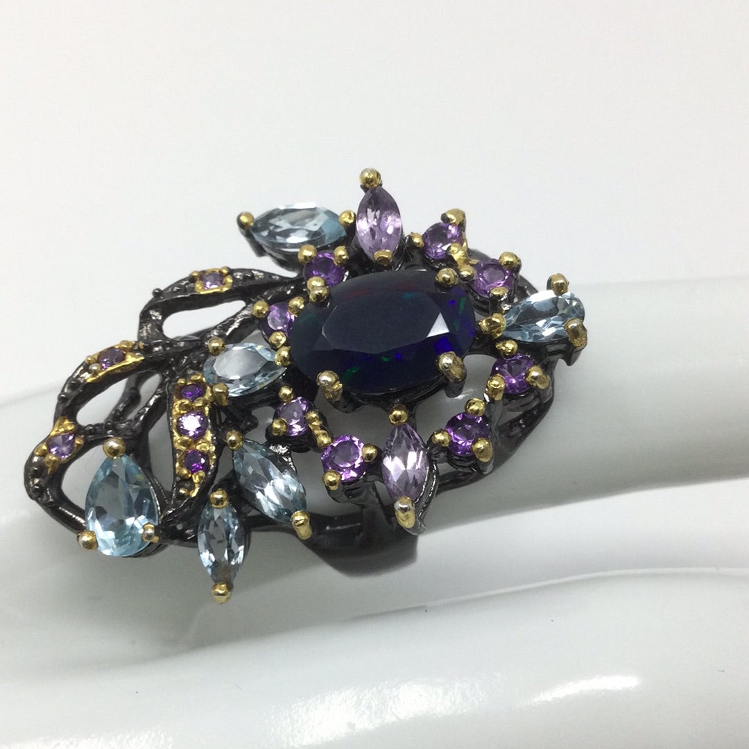 Genuine Black Opal with Topaz & Amethysts & Amethyst