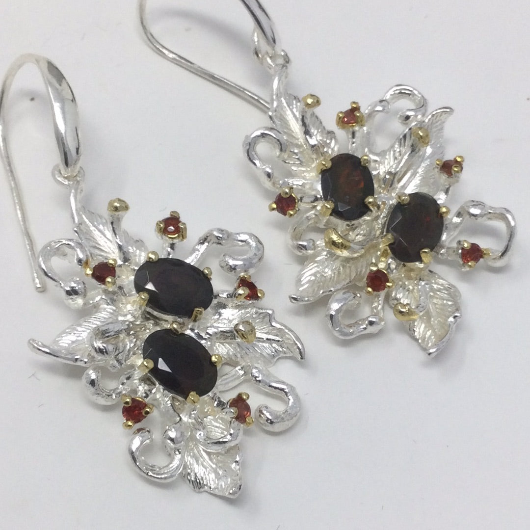 Genuine Black Opals and Garnet Earrings