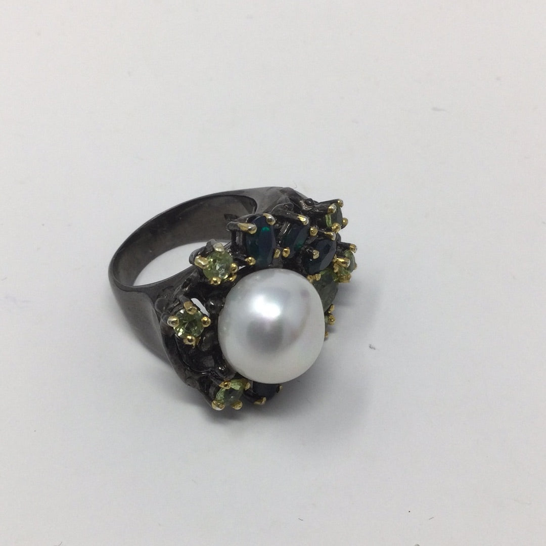 Intriguing Genuine Pearl, Black Opal Ring