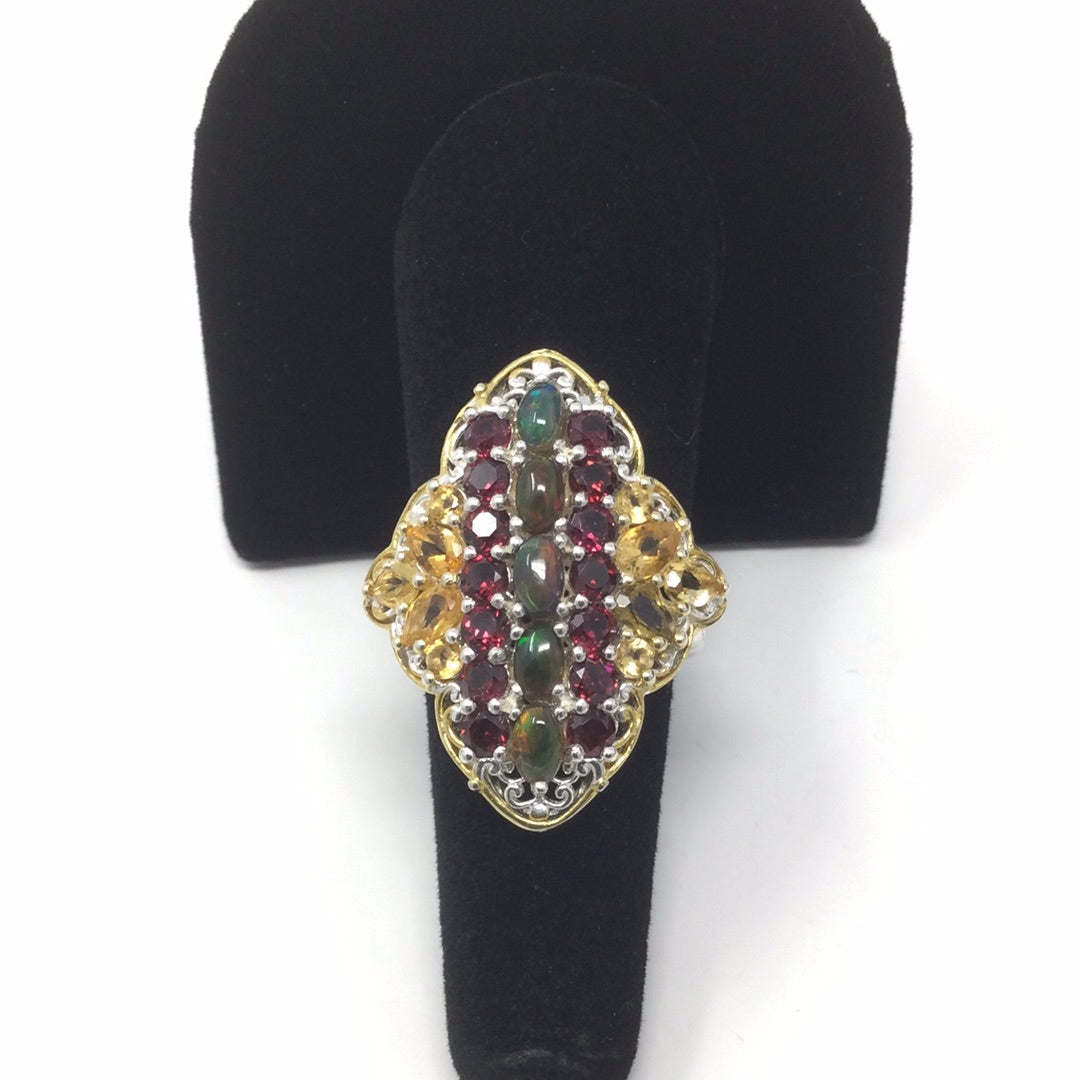 Genuine Black Opals & Garnet Ring