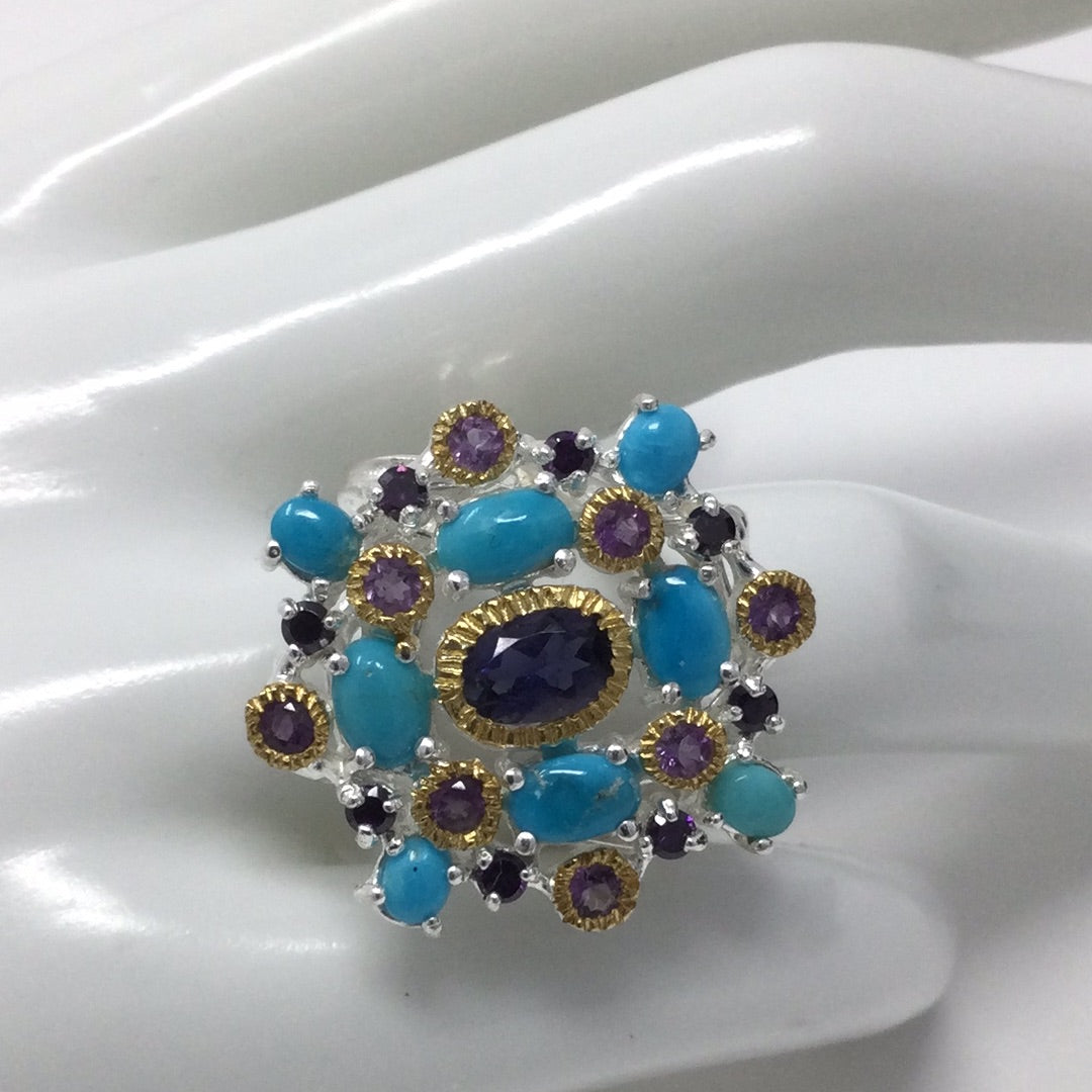 Special Unique Iolite & Turquoise Ring