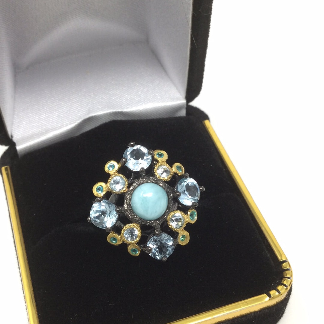 Genuine Larimar & Topaz Ring