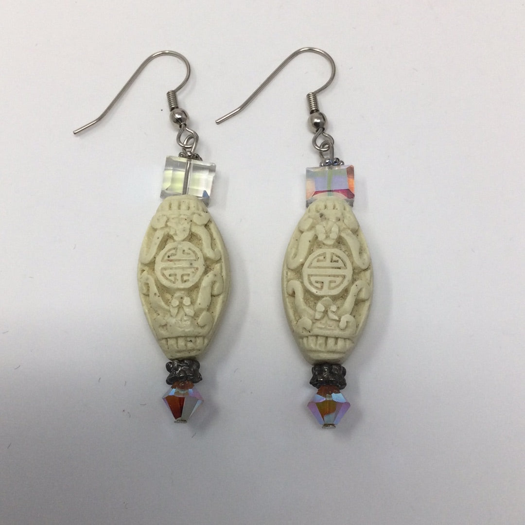 Custom Made Ivory Cinnabar & Swarovski Crystal Earrings