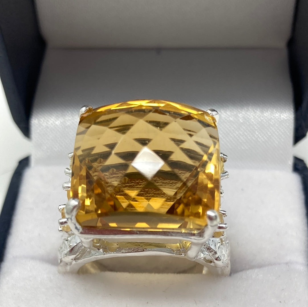 Huge Genuine Citrine Checkerboard Faceted Ring