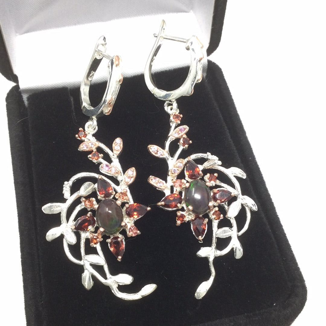 Genuine Black Opals & Garnet Earrings