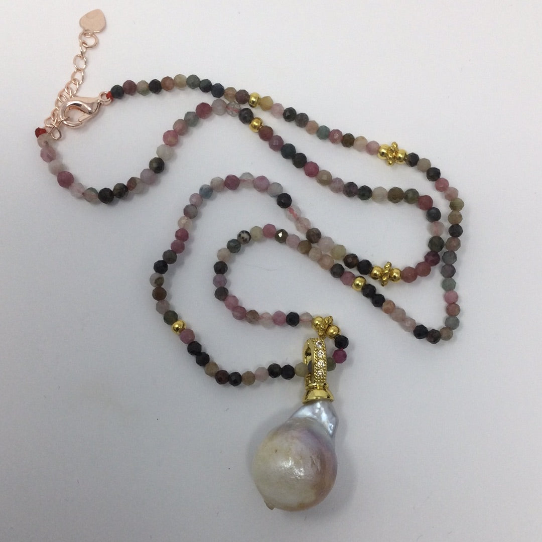 Genuine Baroque Pearl Necklace with Tourmalines
